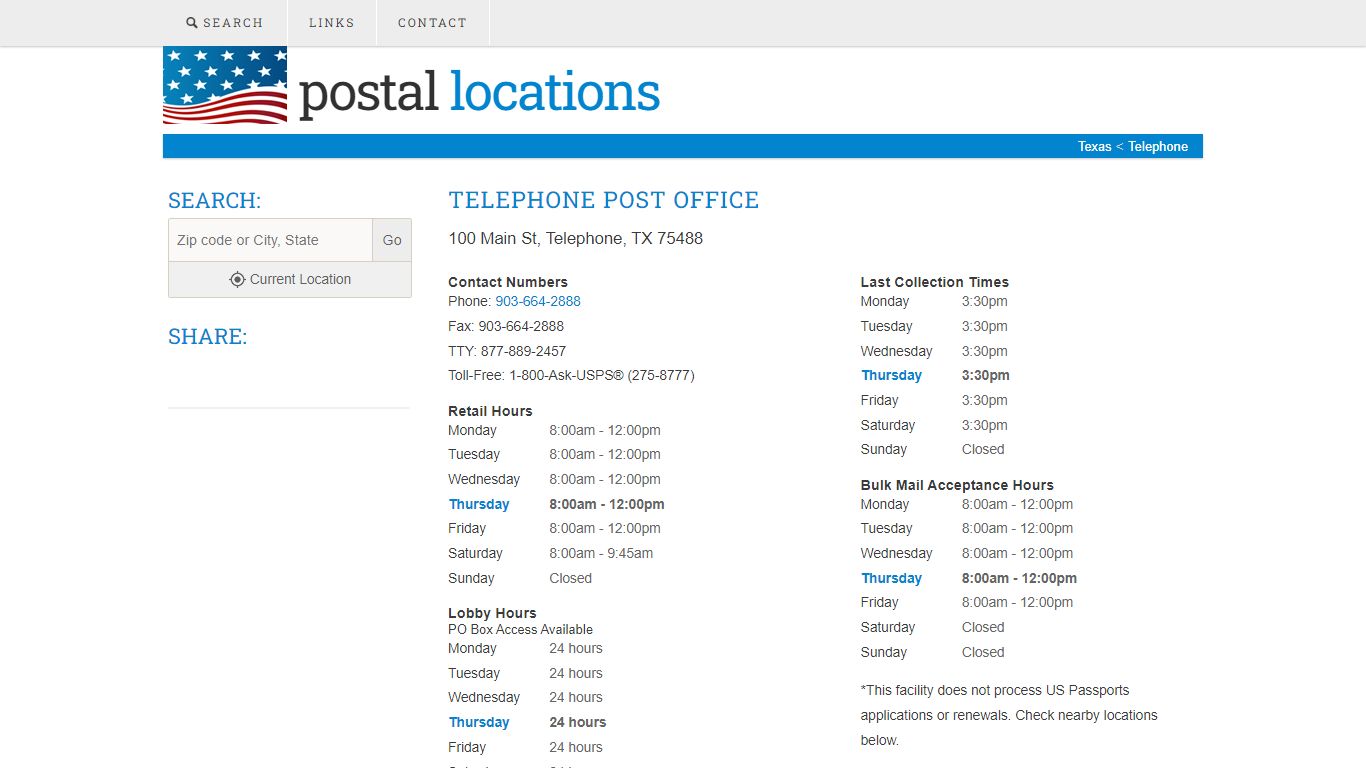 Post Office in Telephone, TX - Hours and Location - Postal Locations